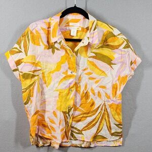 C&C CALIFORNIA Women's‎ M 100% Linen Tropical Floral Modernl Short Sleeve Shirt